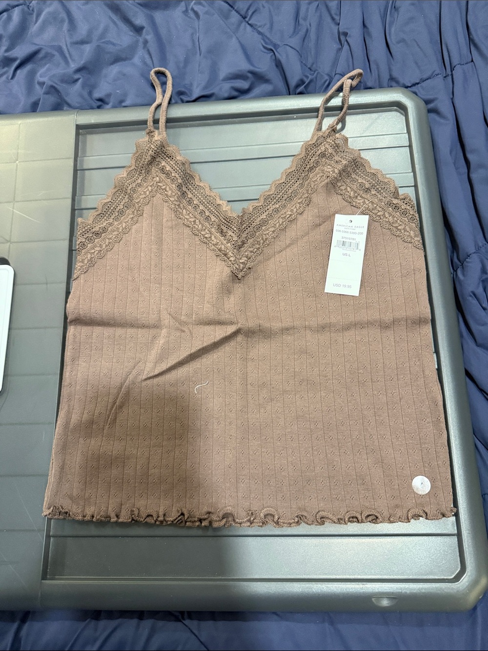 American Eagle Outfitters Ribbed Lace V-Neck Cami - Mauve Brown